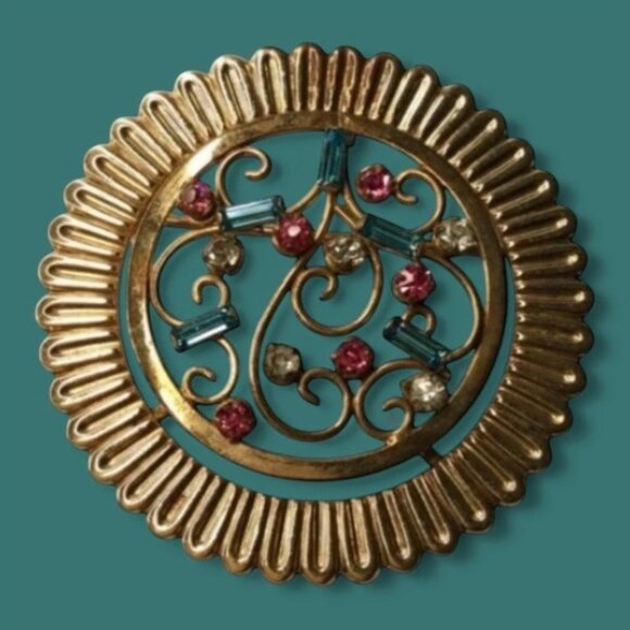 REGEL Creations Jewelry - Vtg REGEL 1/20 12K Gold-Filled Filigree Brooch - Multicolor Rhinestones - Rare